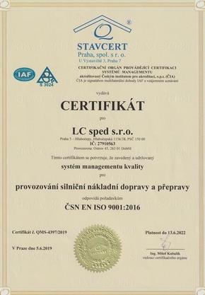 LC sped s.r.o. - ČSN EN ISO 9001